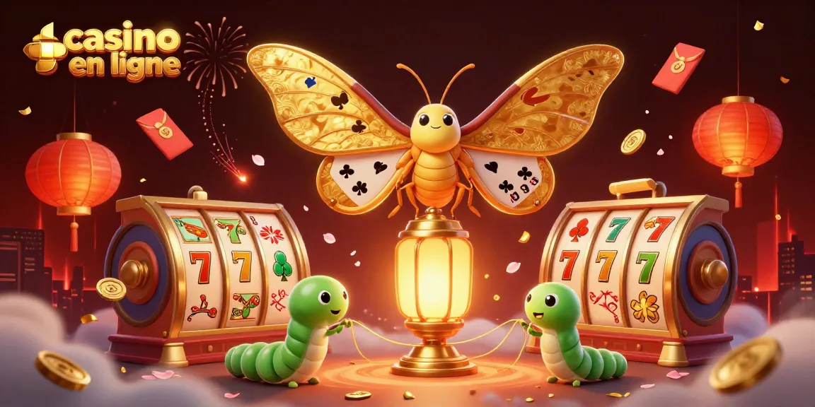 Visualisez un casino en ligne dynamique avec des jeux de machine à sous et un papillon géant aux ailes dorées.