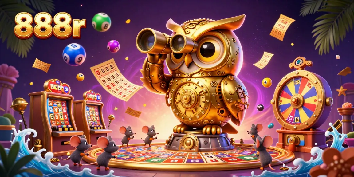 Experience thrilling gameplay at 888r, where golden owls and vibrant prizes create a magical casino atmosphere.