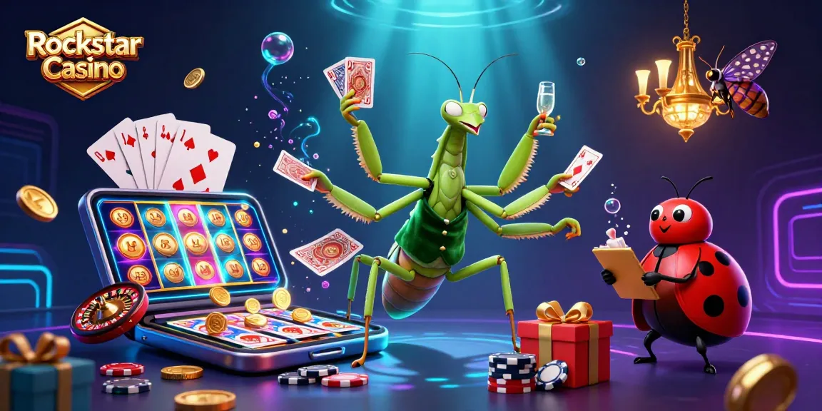 Experience the excitement at Rockstar Casino with a vibrant 3D illustration of gaming action.