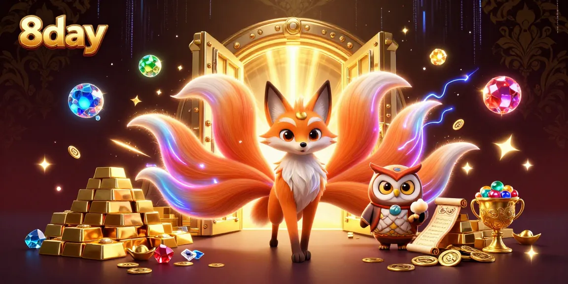 Engage in mesmerizing gaming at 8day with a mystical 3D scene depicting a nine-tailed fox and treasures.