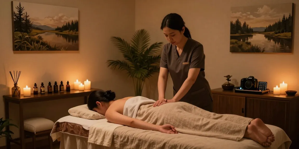 마사지 테라피룸에서 전문 마사지사가 고객에게 스웨디시 마사지를 하는 모습