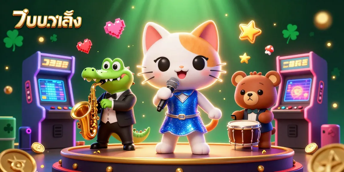 Bet on แทงบอลเต็ง with our dynamic casino-themed 3D illustration featuring playful characters and vibrant game elements.