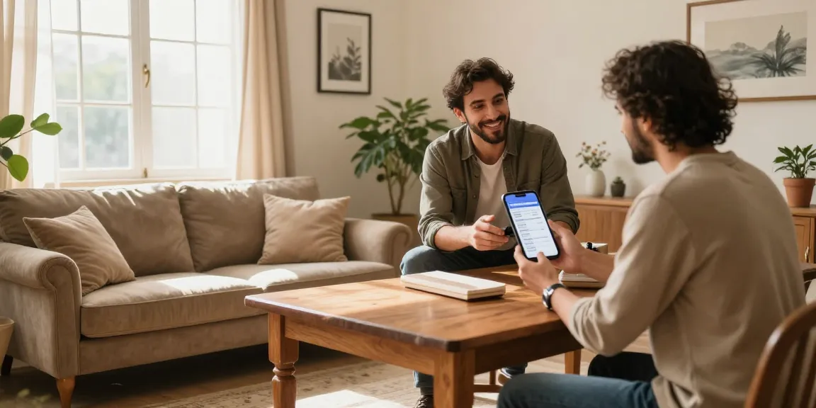شراء اثاث مستعمل بالرياض with a friendly seller assisting a customer in a cozy living room, evaluating vintage furniture, creating a warm atmosphere.