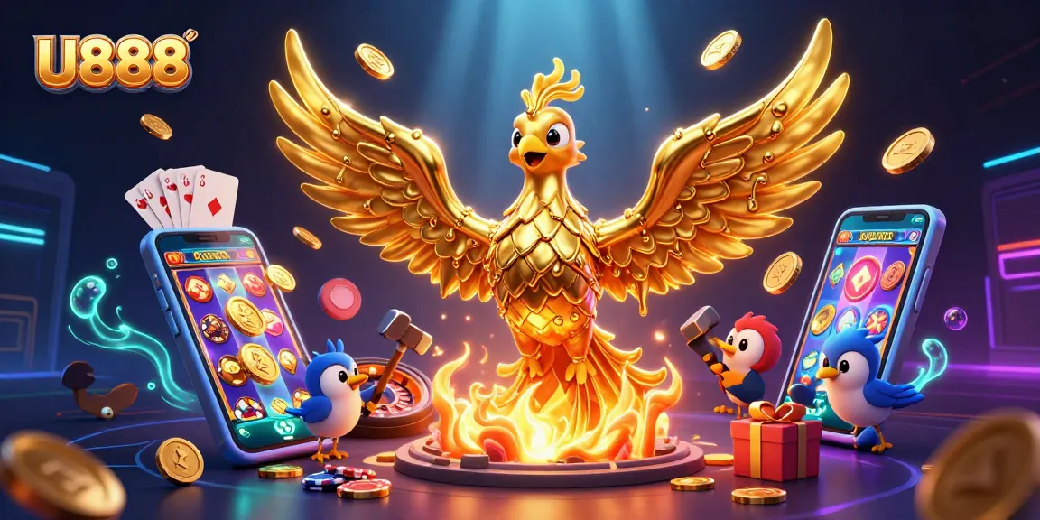 Engage with U888's vibrant gaming universe featuring golden phoenix and exciting casino elements.