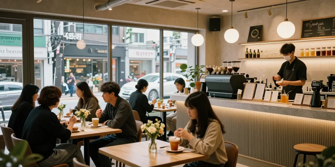 강남쩜오 멀리건에서 편안하게 즐기는 손님들 모습과 아늑한 카페 분위기