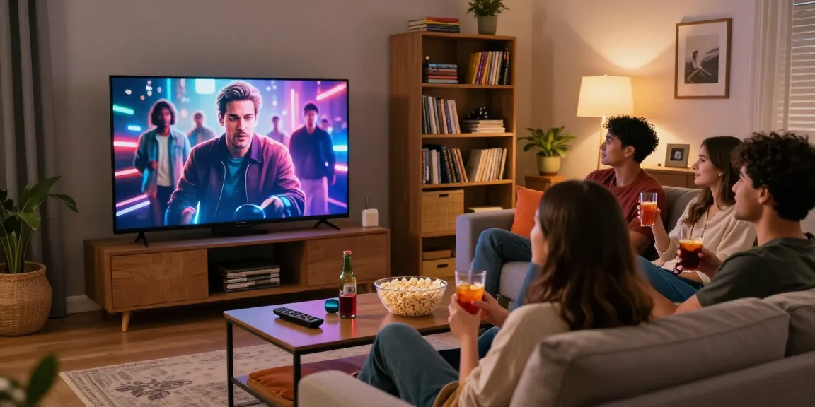 Enjoy a movie night with Movies2watch on a cozy couch with friends and popcorn.