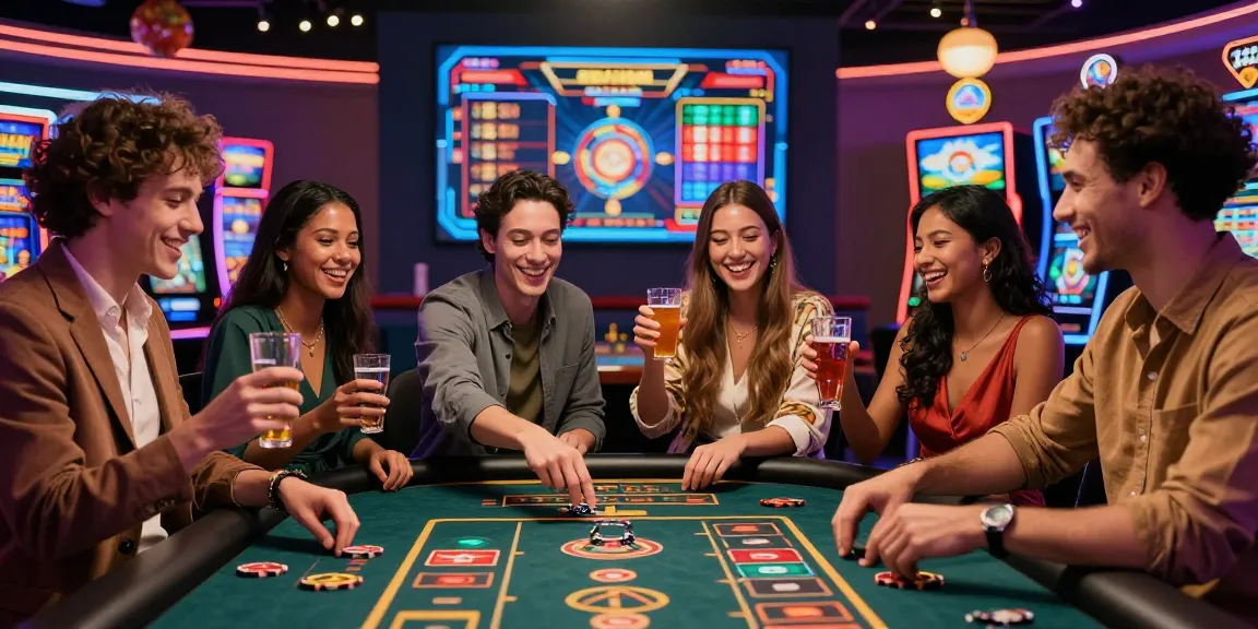 Des amis jouant au casino en ligne avec joie, entourés de lumières vives et d'appareils de jeu.