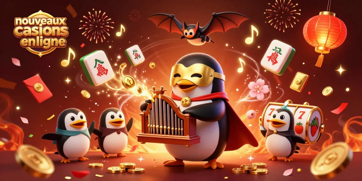 Illustration dynamique des nouveaux casinos en ligne avec un pingouin opéra et des éléments de jeu en fête
