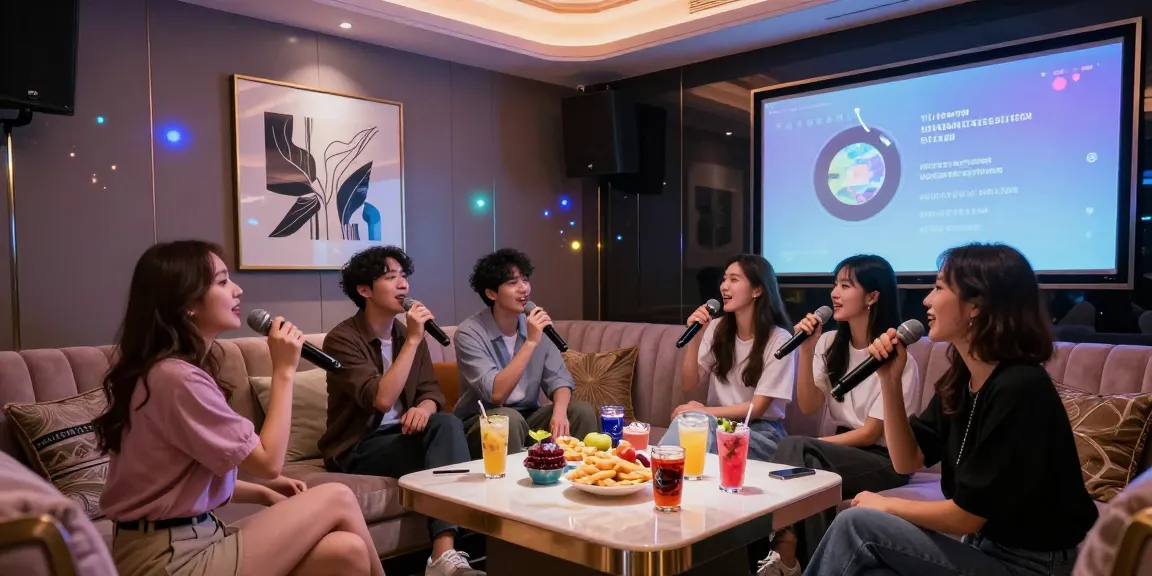 강남가라오케에서 친구들과 즐거운 시간을 보내는 모습과 화려한 인테리어가 돋보이는 장면