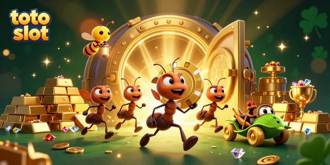 Toto slot fun captured as ants carry a giant poker chip in a vibrant heist scene.