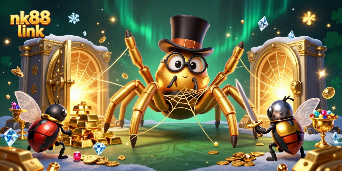 Join the adventure at nk88 link with a golden tarantula and knight in a vibrant casino scene.