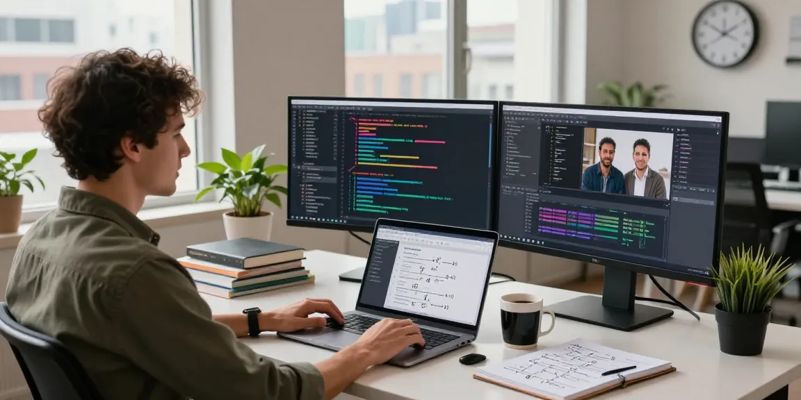 Berita Akasta highlights a vibrant software development workspace showcasing coding screens, collaboration, and innovation.