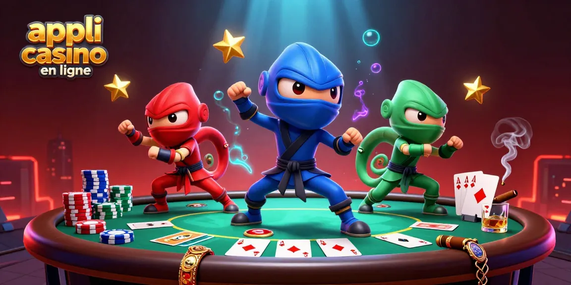 Image illustrant des ninjas caméléons synchronisés dans un décor de casino, appli casino en ligne captivante.