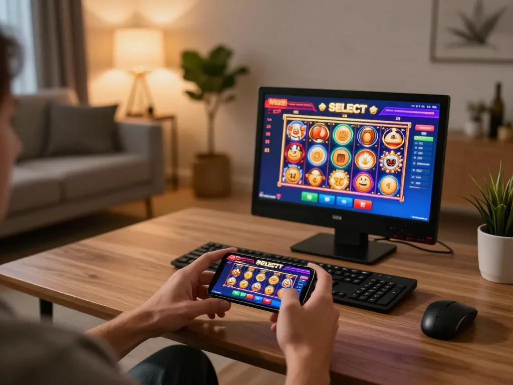 Engaging with the RR88 SELECT casino app on a smartphone in a cozy home environment.