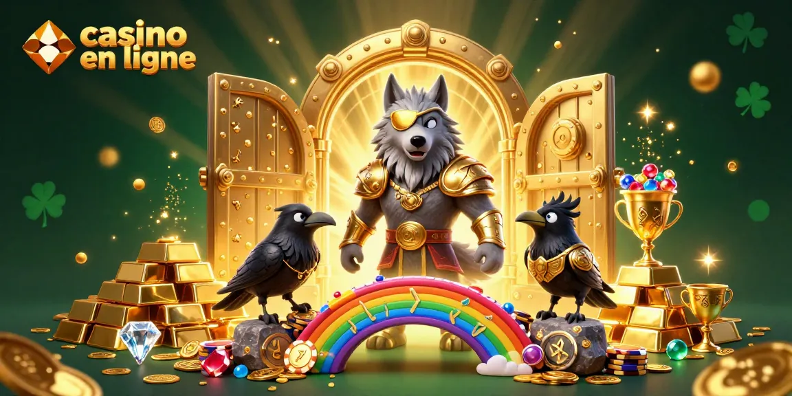 Jouez au casino en ligne avec les personnages mythiques Odin et ses corbeaux, entourés de richesses.