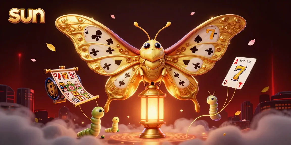 Sun-themed illustration showcasing a golden-winged moth amidst dynamic casino elements like slot reels and cherry blossoms.