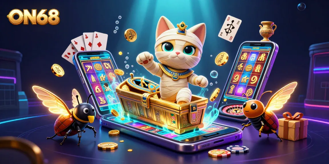 Experience exciting slot games at ON68 while enjoying vivid casino imagery with glowing treasures.