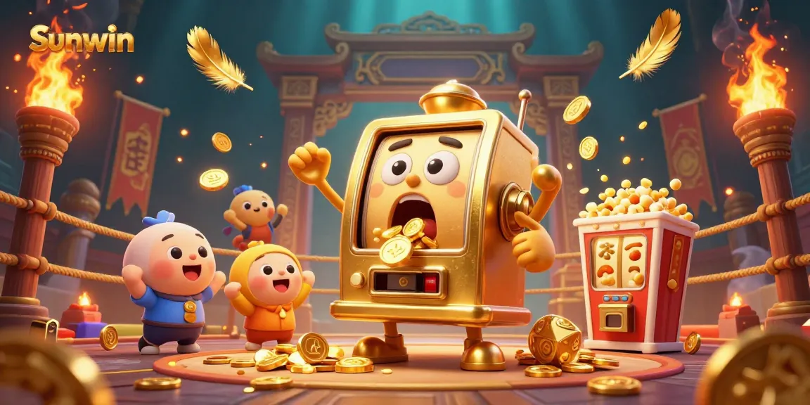 Sunwin slots celebrate jackpots as golden coins spill from a cheerful slot machine's mouth, creating excitement.