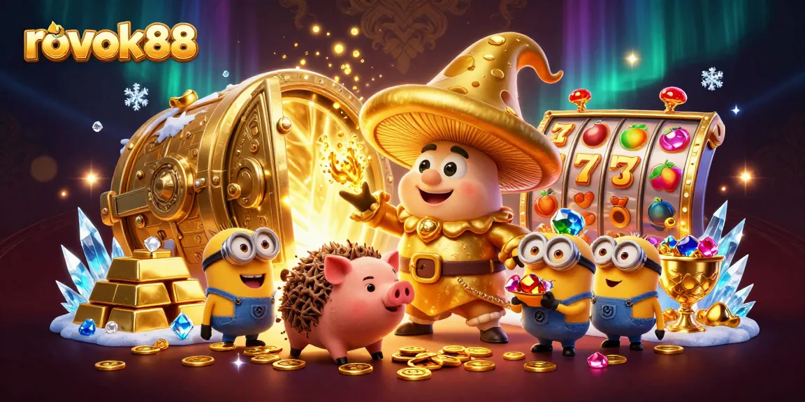 Engage in rokok88's dynamic gaming world with golden treasures, slot reels, and cartoon magic!
