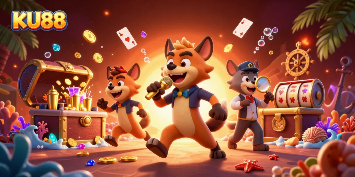 KU88 casino scene with hyenas comedy club featuring stand-up comedy, bartender action, and lively gambling elements.