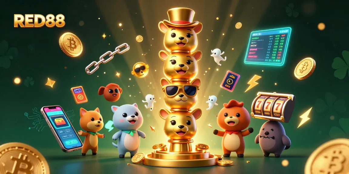 Experience excitement with RED88's engaging casino scene featuring vibrant characters and crypto elements.