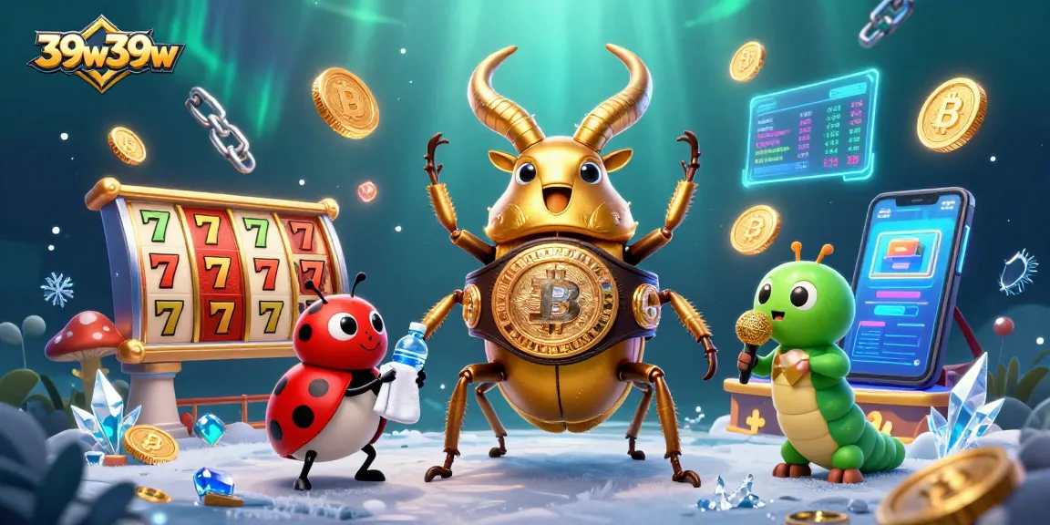 39w39w apresenta uma ilustração 3D vibrante com um besouro dourado lutador e elementos de jogos de cassino.