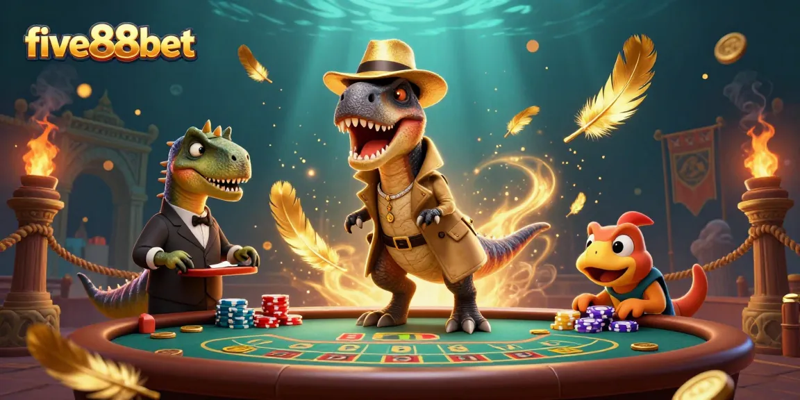 Experience the thrill at five88bet with cartoon dinosaurs in action over a blackjack table.