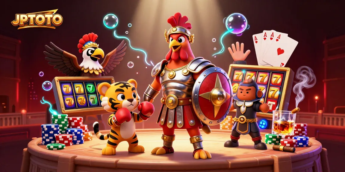 Ilustrasi JPTOTO yang menampilkan seekor ayam jantan dan anak harimau berlaga di arena dengan simbol mesin slot yang berkilauan.