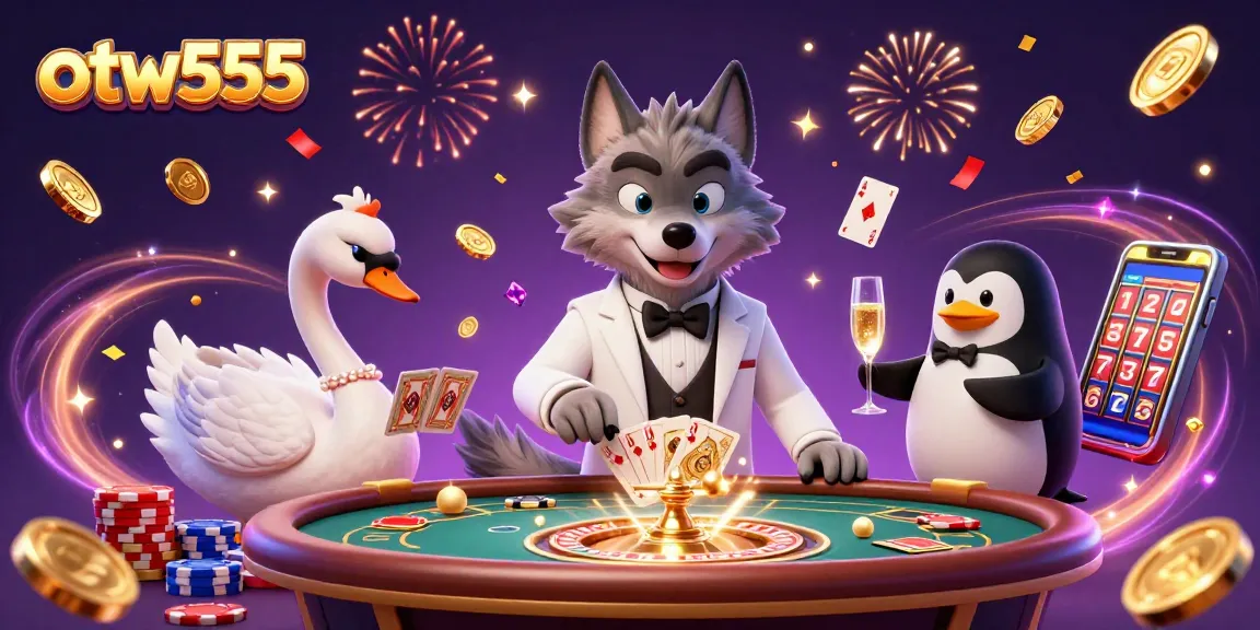 Experience the thrill of otw555 with dynamic 3D casino characters winning at baccarat, surrounded by sparkling coins.