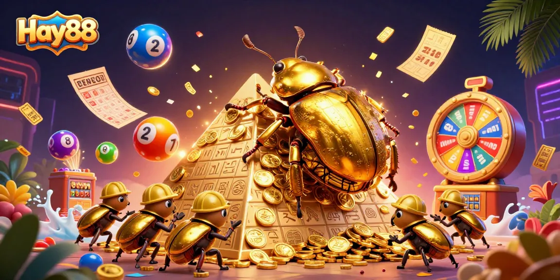 Experience excitement at Hay88 with vibrant lottery and casino elements surrounding a golden dung beetle.