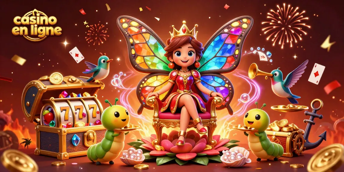 Jouez à casino en ligne avec la reine papillon et des éléments de jeux colorés et festifs.