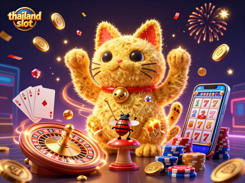 Engage with the vibrant thailand slot scene featuring a lucky cat and dynamic casino symbols.
