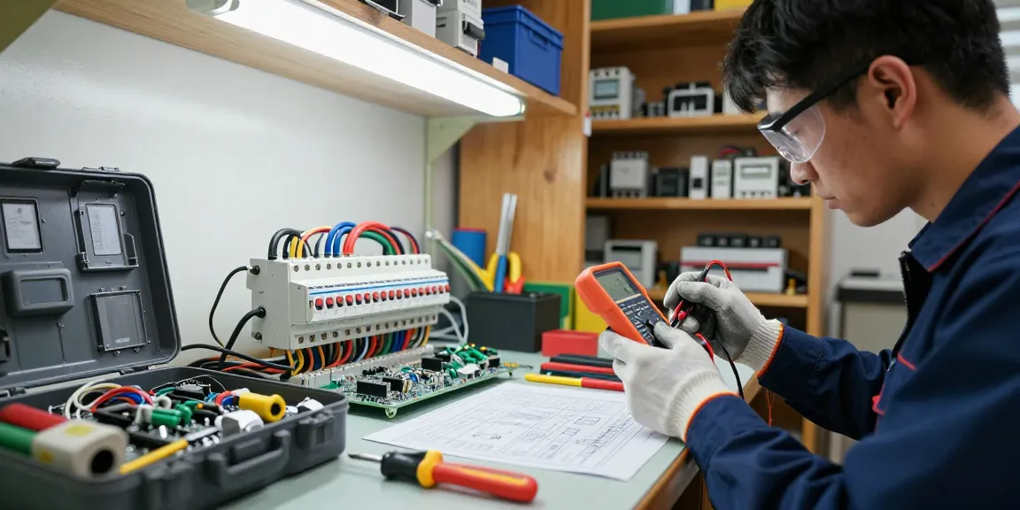 Technician testing miniature circuit breaker in industrial electrical workshop.