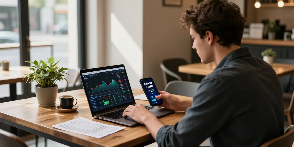 Cricbet99 platform analysis on laptop in a modern café setting with digital wallets and crypto charts.