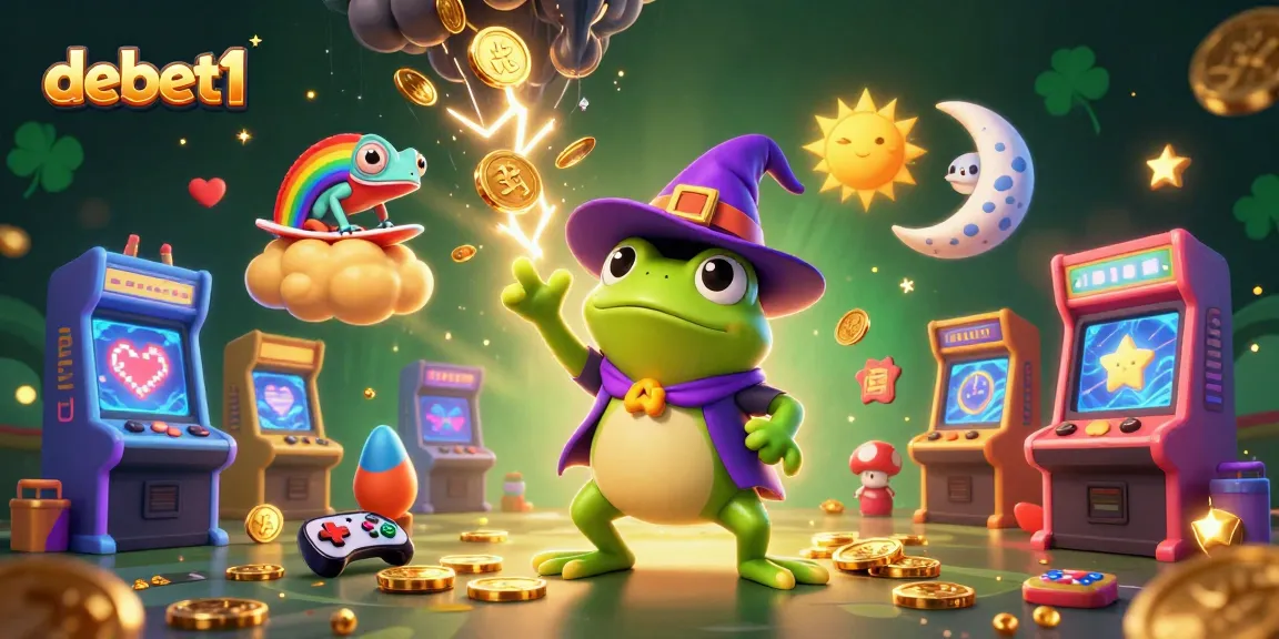 Bet on debet1 with a whimsical illustration of a wizard frog and chameleon amidst casino gold and game elements.