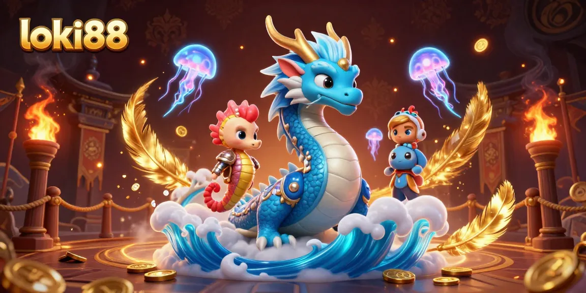 Experience loki88 in a vivid casino scene with a water dragon, seahorse knight, and neon jellyfish.
