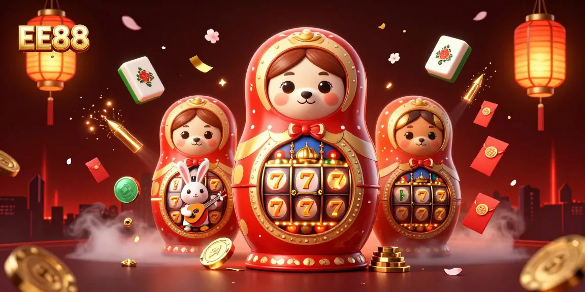 Engaging scene of EE88 with a playful Matryoshka bear and festive casino elements, showcasing vibrant gaming action.