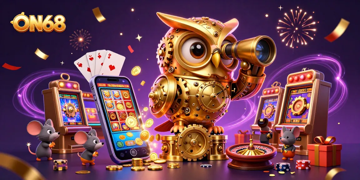 ON68 showcases a vibrant casino scene with a golden owl observing the action, surrounded by dynamic game elements.