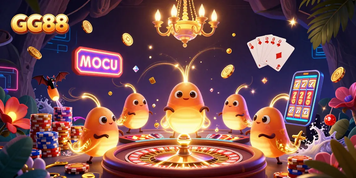 Experience the GG88 thrill with vibrant glowworms lighting a dynamic casino scene filled with excitement.