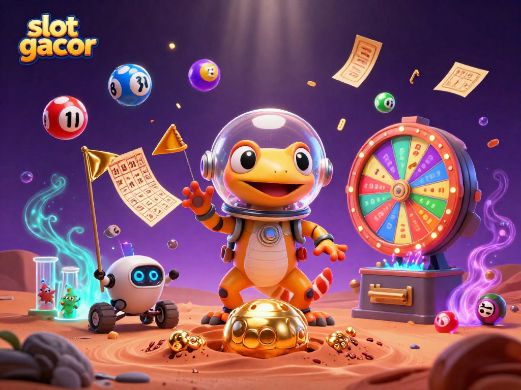 Bermain slot gacor dengan gecko Mars dan robot di kasino emas, penuh warna dan kegembiraan.