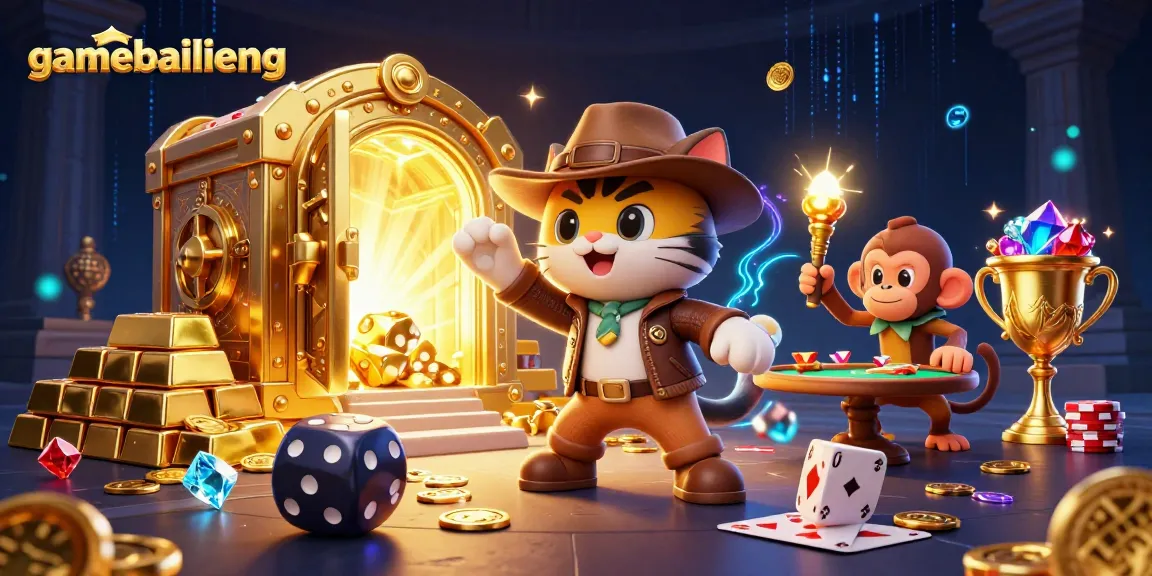 Join the gamebailieng adventure with a cat explorer and monkey companion in a treasure-filled casino scene.