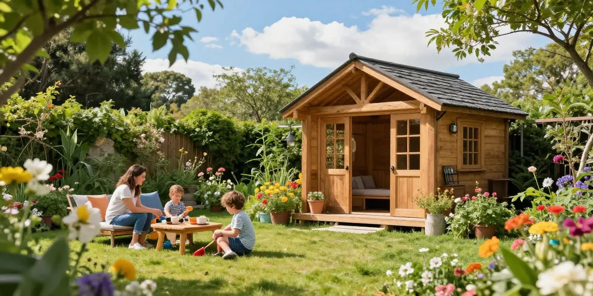 Gartenhaus kaufen - Schönes Holz-Gartenhaus umgeben von blühenden Pflanzen und Familienaktivitäten im Freien.