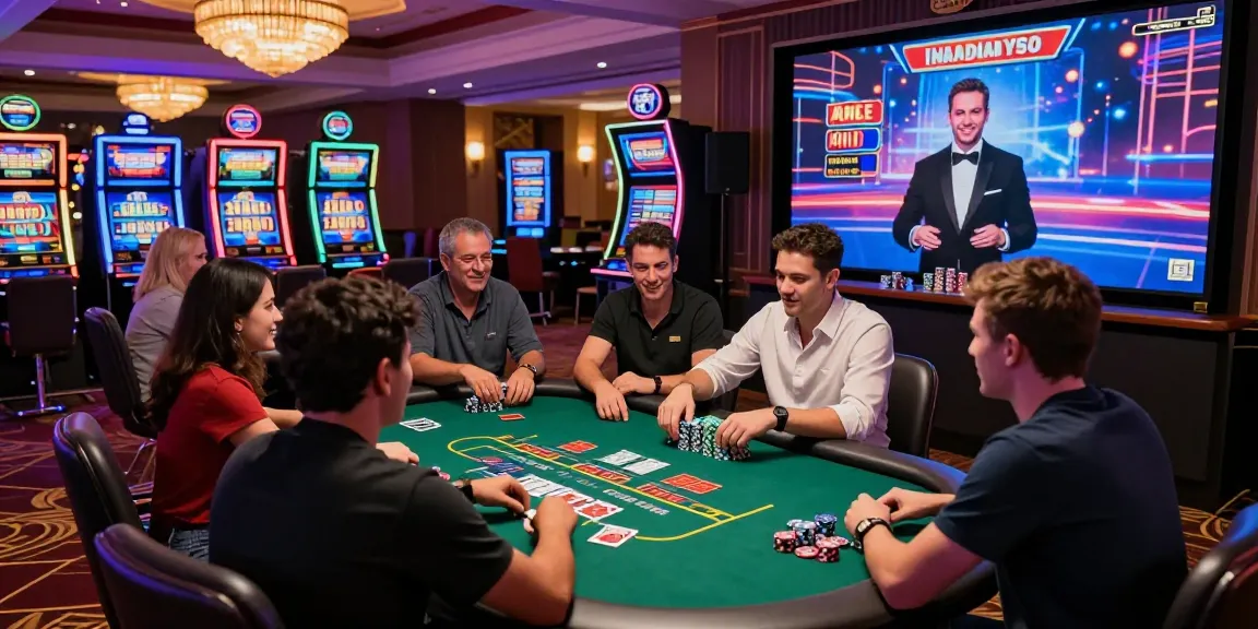 Scène de casino en ligne captivante avec des joueurs enthousiastes participant à des jeux de cartes au milieu d'une ambiance vibrante.