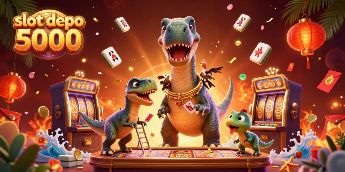 Slot depo 5000: Tampilan ilustrasi menarik tentang permainan slot dengan brontosaurus dan raptor.