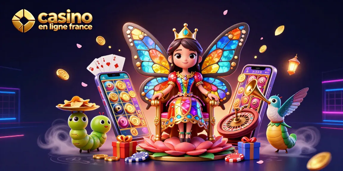 Jouez à des jeux captivants sur un casino en ligne France avec une reine papillon et des éléments de jeu colorés.