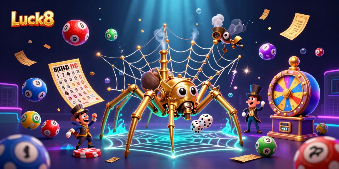 Luck8 offers vibrant gambling excitement with a steampunk spider, lottery elements, and money rain effects.