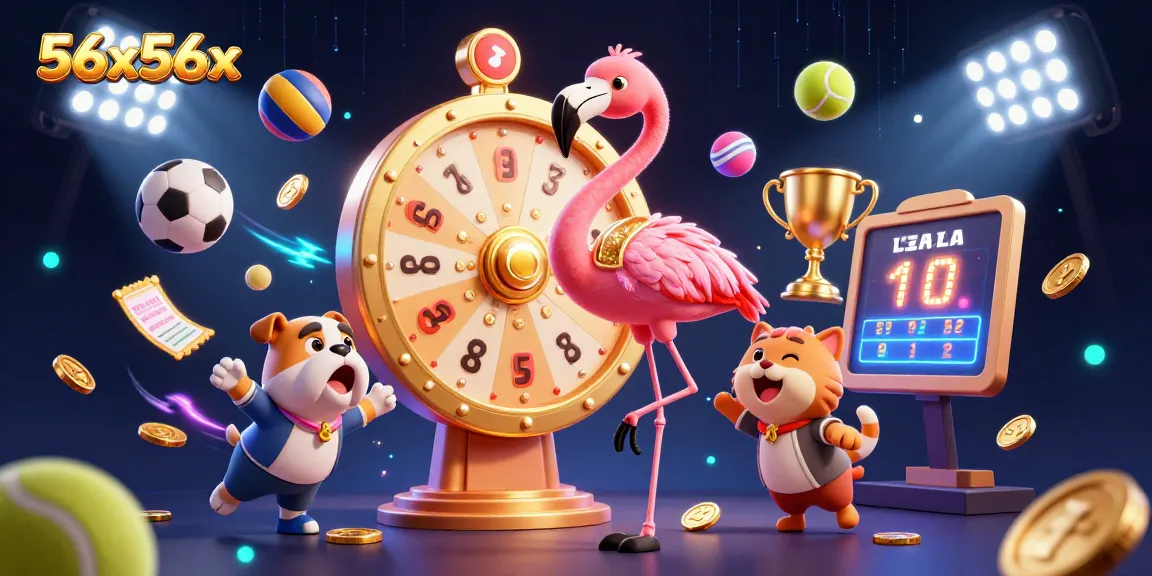 O 56x56x apresenta um alegre flamingo anfitrião em um jogo de prêmios vibrante, cheio de emoção.