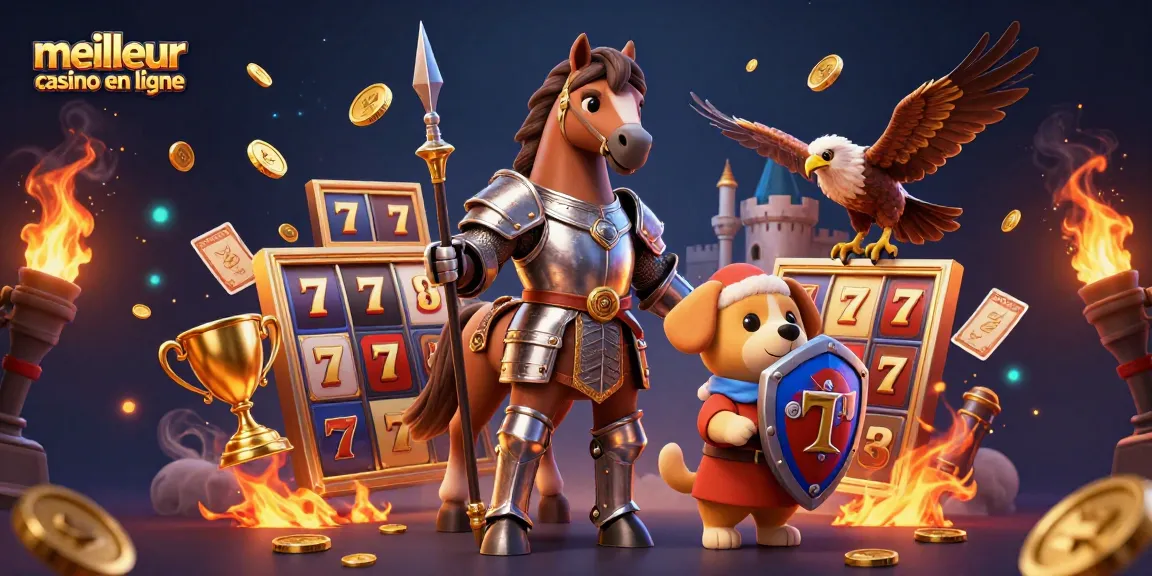 Illustration dynamique illustrant le meilleur casino en ligne avec un chevalier, un chiot écuyer et un faucon, entourés de jeux de casino.