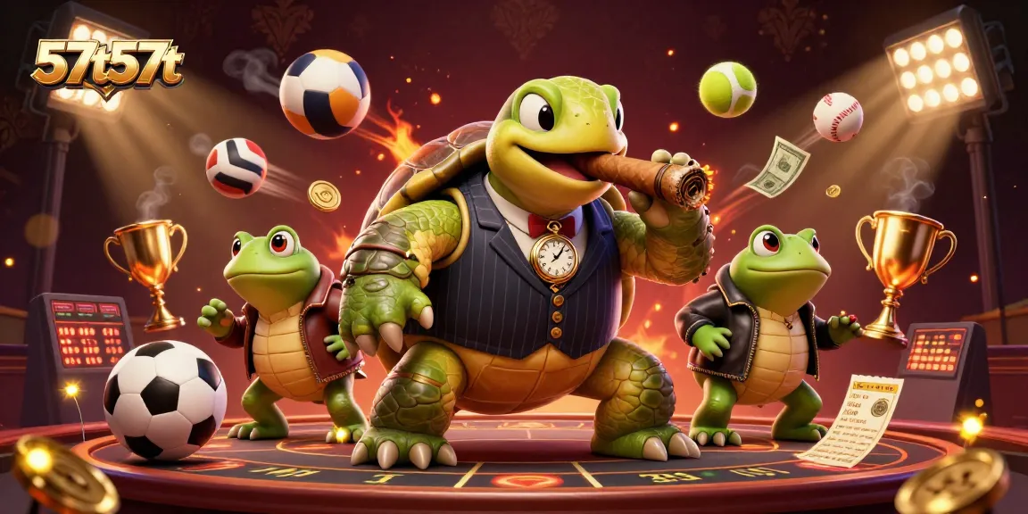 Aproveite a emoção do cassino 57t57t com uma ilustração vibrante de uma tartaruga gangster e músicos no ambiente de apostas.