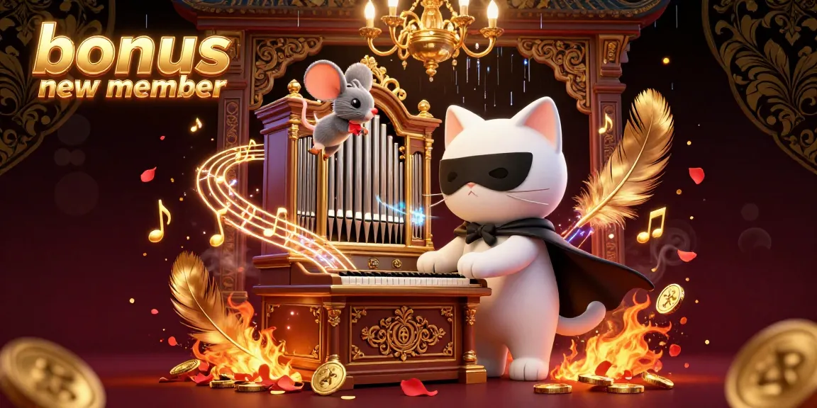 Experience the thrill with "bonus new member" as a white cat plays organ in a dynamic casino scene.